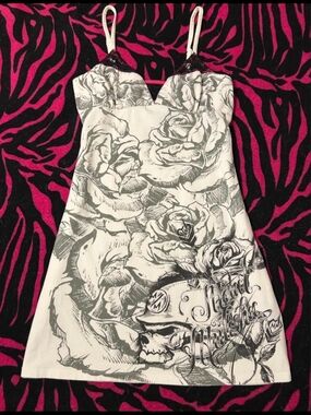 Metal Mulisha White Slip Dress with Gray Floral & Skull Graphic